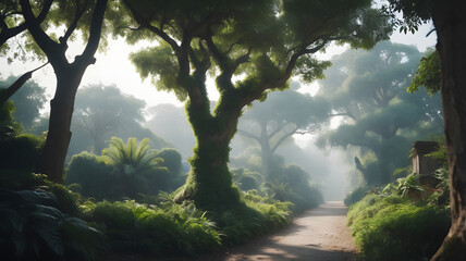 Poster - A scenic pathway winding through a lush, vibrant forest, creating a tranquil and enchanting atmosphere. The sunlight filters through the trees