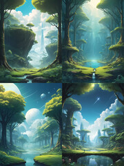 Poster - a fantastical forest landscape with floating islands, and otherworldly elements 