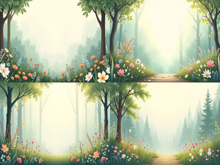 Poster - serene forest scene with pathways, flowers, and trees in the soft light of a hazy morning or dusk