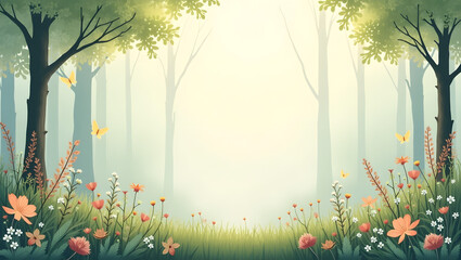 Poster - a serene forest scene with vibrant flowers and butterflies. The trees create a sense of depth, inviting viewers to step into this enchanting environment. The foreground is full of wildflowers