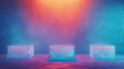 Aufkleber - Modern abstract display with three ice podiums in vibrant lighting