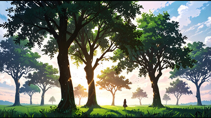 Poster - a serene sunlit forest with lush greenery and tall trees. The trees create a canopy effect, letting the sunlight through. The scene is vibrant and peaceful