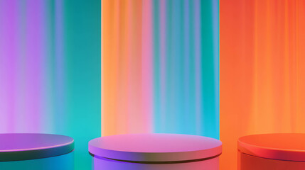 Aufkleber - Vibrant display with three podiums and rotating platform for artistic presentation