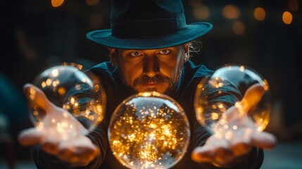 Wall Mural - Magician performing tricks with floating crystal balls 