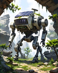 Poster - a large futuristic robot exploring a rugged, natural landscape with solar panel
