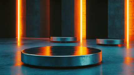 Aufkleber - Industrial design metal podiums with dramatic lighting in modern interior setting