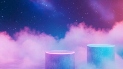 Aufkleber - Dreamy starry night with glowing podiums and ethereal clouds