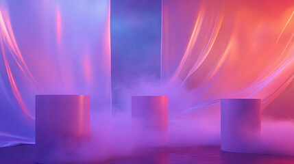 Poster - Vibrant display with colorful smoke and cylindrical podiums for creative design concepts