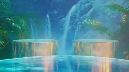 Aufkleber - Serene nature scene with two podiums and cascading waterfalls for tranquil design concepts