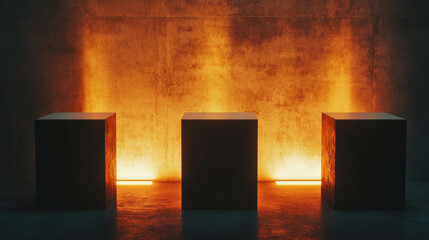 Poster - Sleek white podiums with soft ambient lighting for minimalist interior design