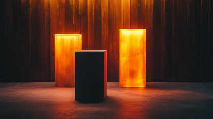 Poster - Modern display with two illuminated white podiums and ambient lighting for exhibits