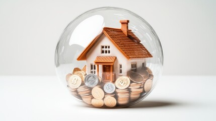 Poster - Glass ball filled with coins and a photo placed beside it on a wooden table