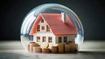 Poster - House inside a glass ball surrounded by coins and a photo on a wooden surface