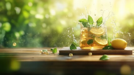 Poster - Glass of refreshing lemon water with a splash on top and citrus slices on a wooden table
