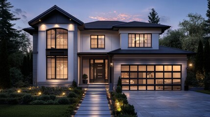 Poster - High-tech suburban home at night, its geometric features highlighted by recessed LED strips. 3D rendering