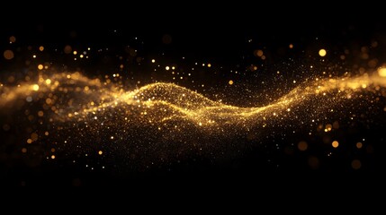 Wall Mural - Golden shimmering particles creating a flowing wavy shape in darkness