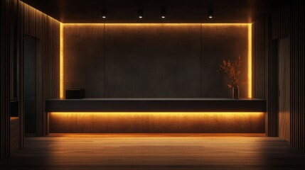 Poster - Minimalist home interior with a dark wooden TV console, ambient LED under-lighting, and functional open storage. 3D rendering