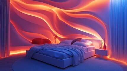 Wall Mural - Minimalist Levanto bedroom featuring soft gradient wave walls, concealed LED strips, and a tranquil atmosphere. 3D rendering