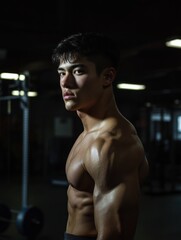 Poster - Muscular man showcasing strength and dedication in a gym during evening workout session. Generative AI