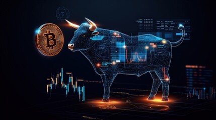 Poster - Bull with a bitcoin symbol on its back representing cryptocurrency investment and financial growth