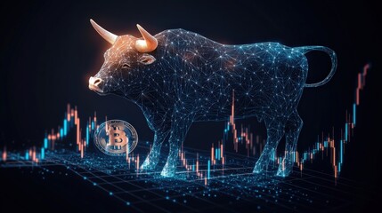 Poster - Bull with a bitcoin coin on its back representing cryptocurrency and financial growth