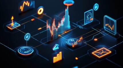 Poster - Futuristic city skyline with glowing lights and digital icons at night under a clear sky