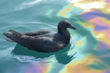 Poster - Struggling seabird on oil spill with rainbow sheen in ocean waters. Generative AI