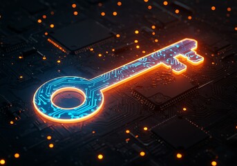 Poster - A digital key concept featuring a glowing key, symbolizing cybersecurity and data protection in a futuristic, tech-inspired design.