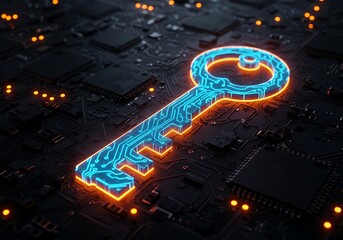 Poster - A digital key concept featuring a glowing key, symbolizing cybersecurity and data protection in a futuristic, tech-inspired design.