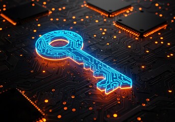 Poster - A digital key concept featuring a glowing key, symbolizing cybersecurity and data protection in a futuristic, tech-inspired design.