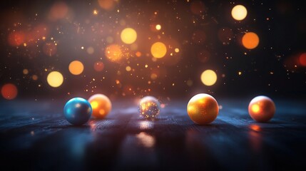 Poster - Three orange and blue balls placed on a wooden table with natural lighting and textures visible