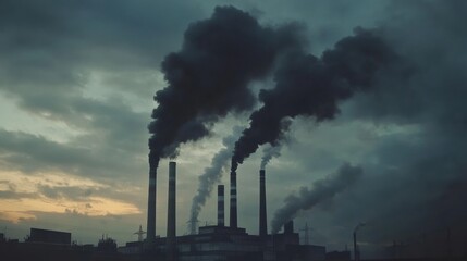 Poster - Industrial smoke rises from factory chimneys against a cloudy twilight sky in an urban area. Generative AI