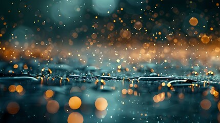 Poster - raindrops falling on the ground, creating a soothing and calming atmosphere. The background is dark to emphasize the details of water droplets in motion