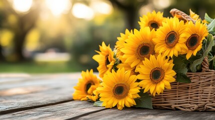 Poster - Basket filled with vibrant sunflowers placed on a rustic wooden table in natural lighting