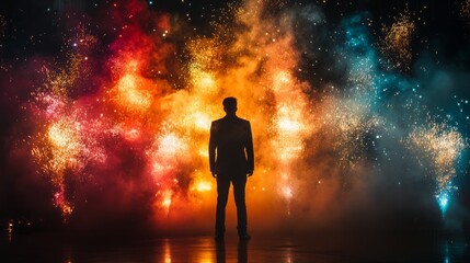 Wall Mural - Magician standing on stage surrounded by colorful smoke and sparks