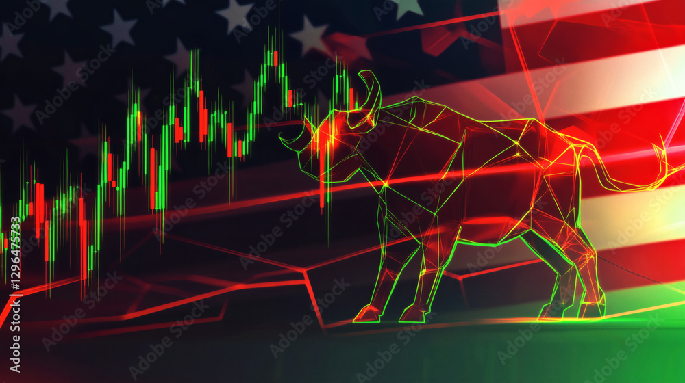 Overlay Bull American bull market with a bull and stock chart overlay on the US flag ...