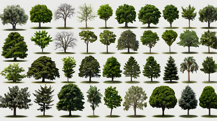 Poster - various types of trees against an isolated backdrop. The image shows diverse tree species with detailed foliage