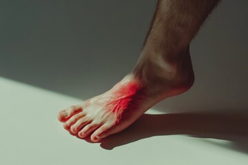 Close-up of a foot with red bruise on skin in shadowed lighting