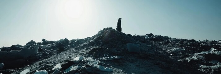 Poster - Mountain of plastic waste piled high at a landfill under a clear sky awaiting environmental action and awareness. Generative AI