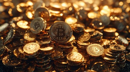 Poster - Pile of shiny bitcoin coins stacked together with a smartphone and photo in the background