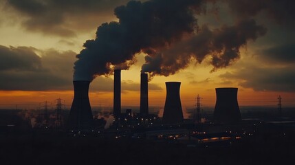 Poster - Industrial power plant at sunset with smoke rising against a dramatic sky. Generative AI
