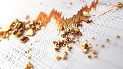 Poster - Gold bars falling on a financial chart with increasing trend line illustrating market fluctuations