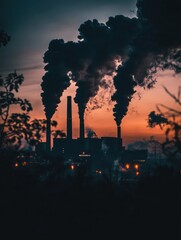 Poster - Industrial smokestacks releasing dark smoke during sunset in an urban area with glowing lights in the foreground. Generative AI
