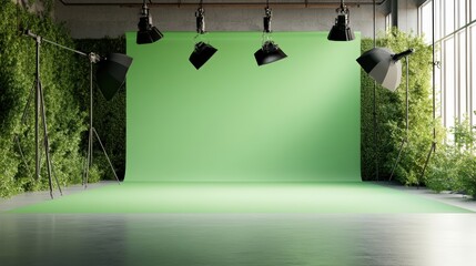 Poster - Green screen setup in a room featuring a potted plant and a framed photo on the wall