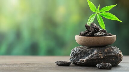 Poster - Small green plant growing out of a pile of gray rocks on a sunny day in natural environment