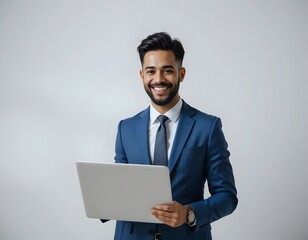 Aufkleber - Professional Man in Suit Holding Laptop with Cheerful Expression