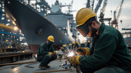 Poster - skilled workers engaged in shipbuilding activities amidst industrial infrastructure and heavy machin