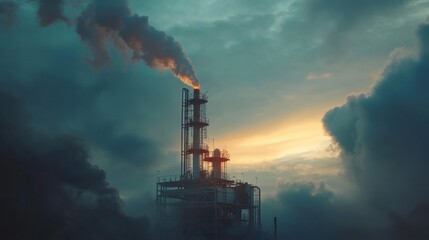 Poster - Majestic factory tower releasing smoke into cloudy sky at dawn. Generative AI