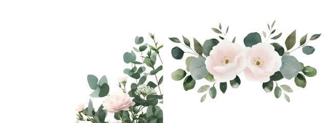 Poster - A watercolor depiction of a floral wreath with green branches and leaves, enhanced with golden graphics. Available as a cut-out, hand-drawn PNG with a transparent background, making it ideal as