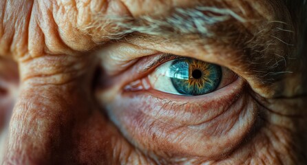 Wall Mural - Close-up of the eyes and face, focusing on the wrinkles around them. The subject is an elderly man with blue-gray eyes. 